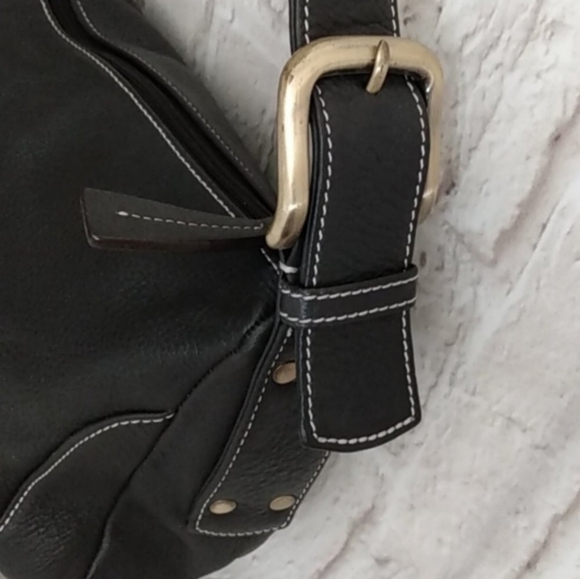 MILA PAOLI Black Leather with  White Accent Stitching Shoulder Handbag - Picture 4 of 12